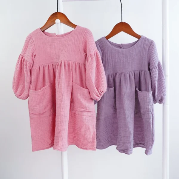 Autumn Spring Children's Clothes Organic Cotton Double Gauze Loose Pockets Baby Girls Dress Fashion Princess Casual Kids Dresses - Image 3