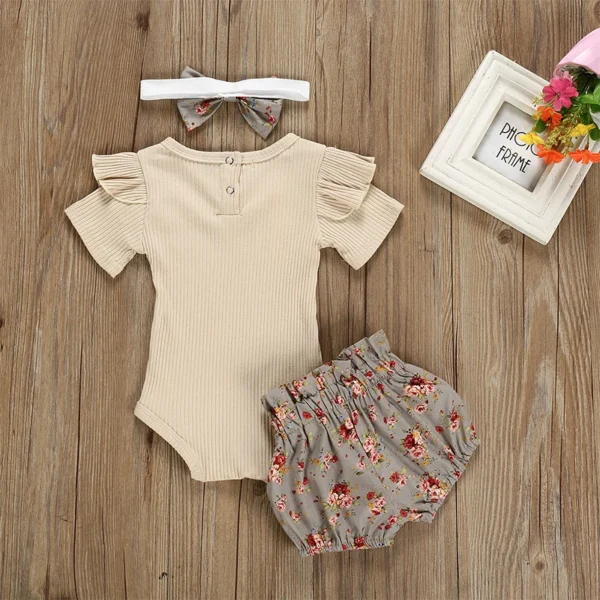 Summer Newborn Baby Girl Clothes Set Solid Color Short Sleeve Ruffle Romper Tops Flower Short Pants Headband 3Pcs Infant Outfits - Image 3