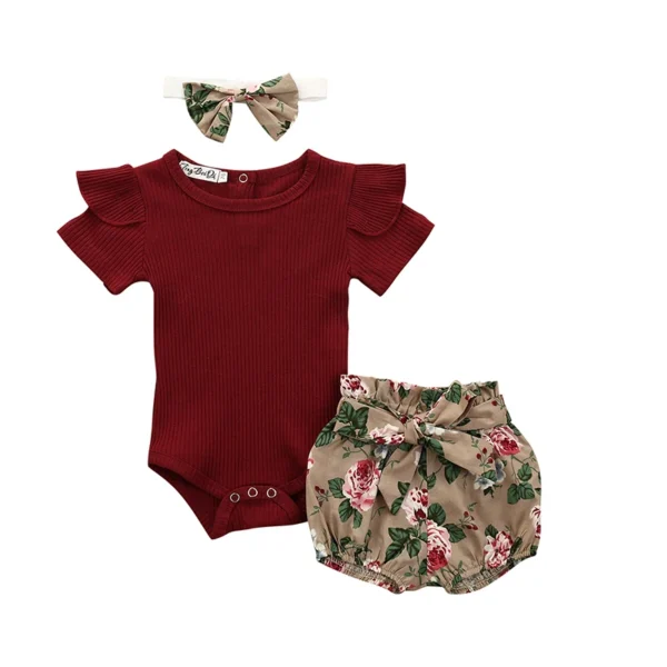 Summer Newborn Baby Girl Clothes Set Solid Color Short Sleeve Ruffle Romper Tops Flower Short Pants Headband 3Pcs Infant Outfits - Image 2