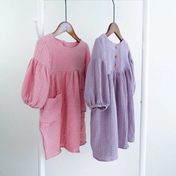 Autumn Spring Children's Clothes Organic Cotton Double Gauze Loose Pockets Baby Girls Dress Fashion Princess Casual Kids Dresses - Image 4
