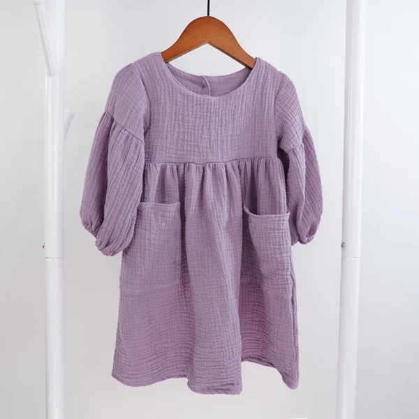 Autumn Spring Children's Clothes Organic Cotton Double Gauze Loose Pockets Baby Girls Dress Fashion Princess Casual Kids Dresses - Image 5