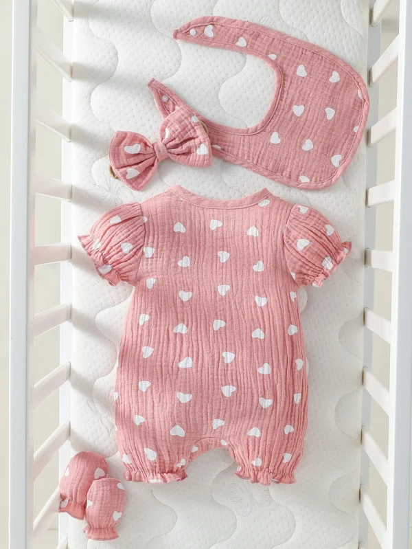 Baby Girls 4pcs Summer O-Round Cotton Soft Printing Heart Streetwear Cute Bodysuit - Image 3