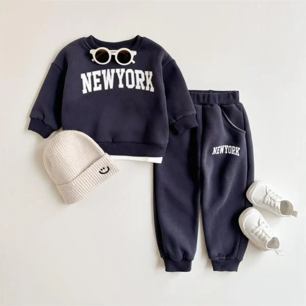 Winter Thickened Newborn Boy Girl 2PCS Plush Letter Printing Casual Suits Outfits Set Children's Clothing - Image 3
