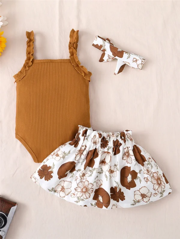 3PCS Clothes Set for Baby Girl 3-18 Months Sleeveless Solid Bodysuit+Floral Skirt+Headband Summer Infant Girl Casual Outfit Suit - Image 6