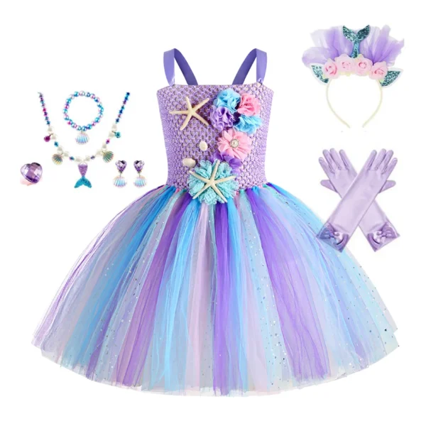 Girls Mermaid Tutu Dress Under the Sea Theme Birthday Party Carnival Costumes with Flower Headband Ocean Halloween Dresses 1-12Y - Image 2