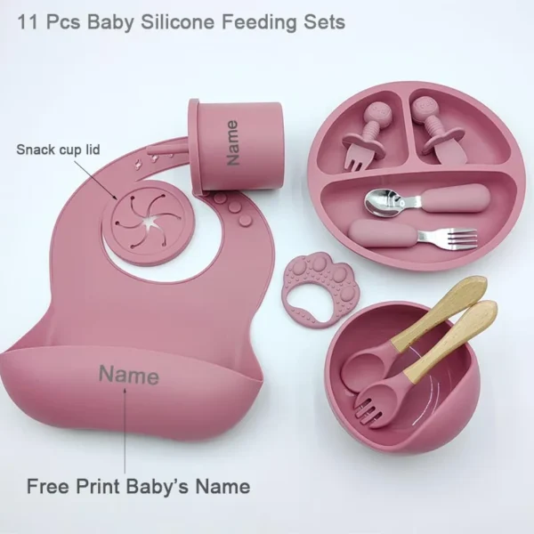 11Pcs Silicone Feeding Sets For Baby Personalized Name Children's Tableware Suction Cup Plates Bowl Spoon Feeding Cups BPA Free - Image 2