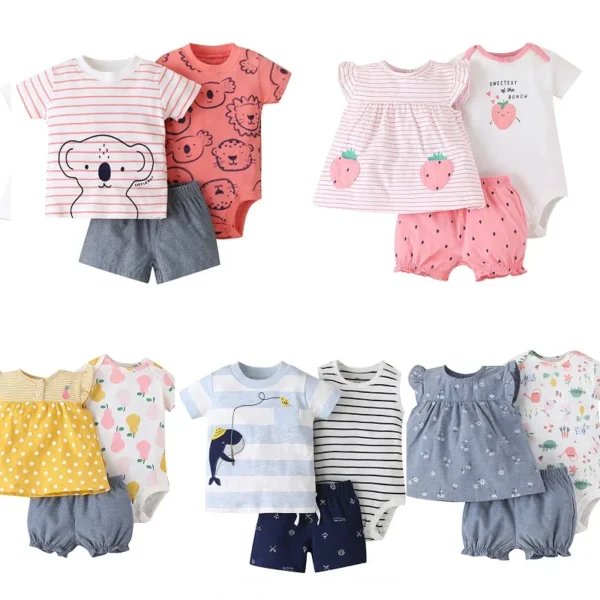 Infant Toddler Baby Girl Boy Clothes Set 2024 Summer Bebe T-shirt+Bodysuit+Shorts 3Pieces Suit New born Baby Outfit - Image 2