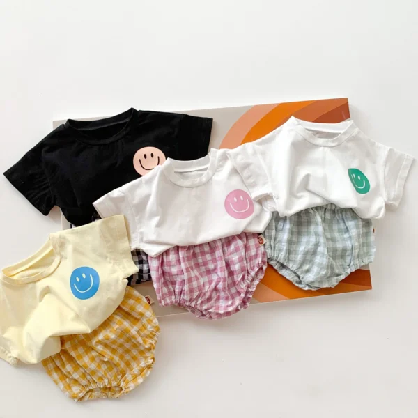 Girls Boys Cotton Smile Face Short Sleeve T-shirt + Plaid Shorts Two-pieces Suit Summer Baby Clothes Set - Image 3