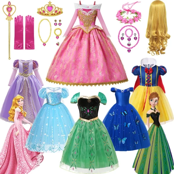 Disney Girls Sleeping Beauty Aurora Cosplay Princess Dress Kids Frozen Elsa Anna Set Rapunzel Cinderella Costume Party Clothings - Image 2