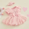 3D Flower Summer Baby Girls Romper Princess Mesh Newborn Clothes Lace Patchwork Ruffle Bodysuit Dress Headband Kids Clothing