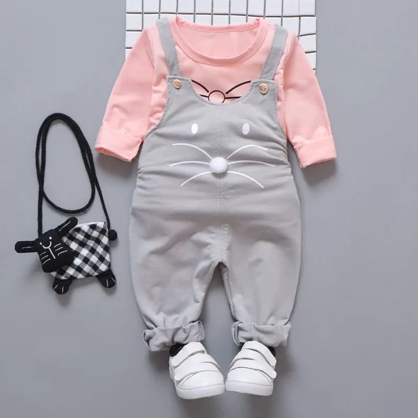 Spring Autumn Baby Girls Set Round Neck Cartoon Printing Long Sleeve T-shirt + Solid Color Print Strap Pants Two Piece Suit - Image 2