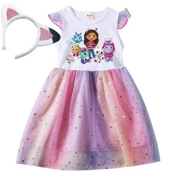 Girl Dress Children's Cartoon Mesh Star Princess Dress Kids Flying Sleeve Skirt + headwear 2pcs
