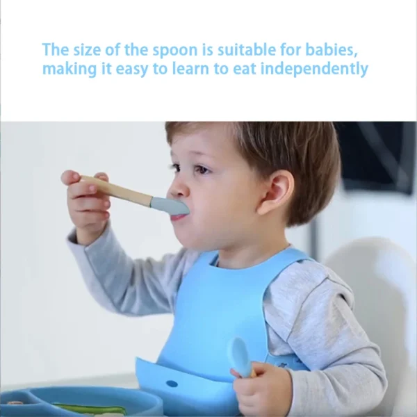 2Pcs Children's Wooden Handle Silicone Fork Spoon Soft and Resistant To Falling Baby Feeding Spoon Set Auxiliary Food Fork Spoon - Image 3