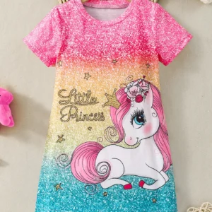 Kids Young Girl Unicorn & Letter Graphic Tee Dress