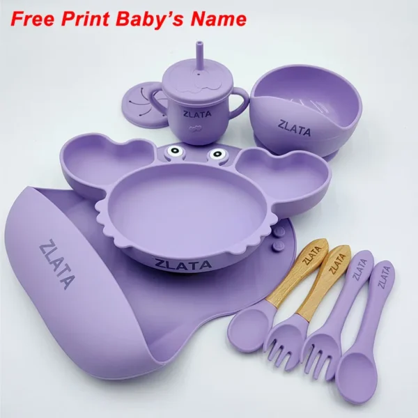 Crab Plate For Baby Silicone Tableware Suction Bowl Plate Tray Bibs Spoon Personalized Name Baby's Name Feeding Set For Kids - Image 3