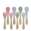 2Pcs Children's Wooden Handle Silicone Fork Spoon Soft and Resistant To Falling Baby Feeding Spoon Set Auxiliary Food Fork Spoon