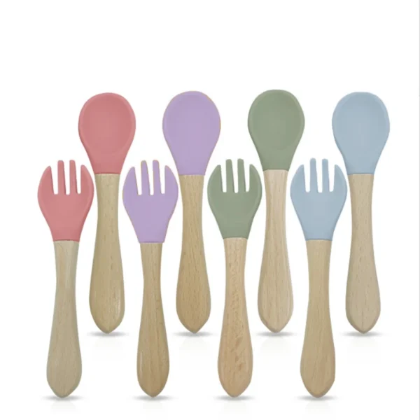 2Pcs Children's Wooden Handle Silicone Fork Spoon Soft and Resistant To Falling Baby Feeding Spoon Set Auxiliary Food Fork Spoon