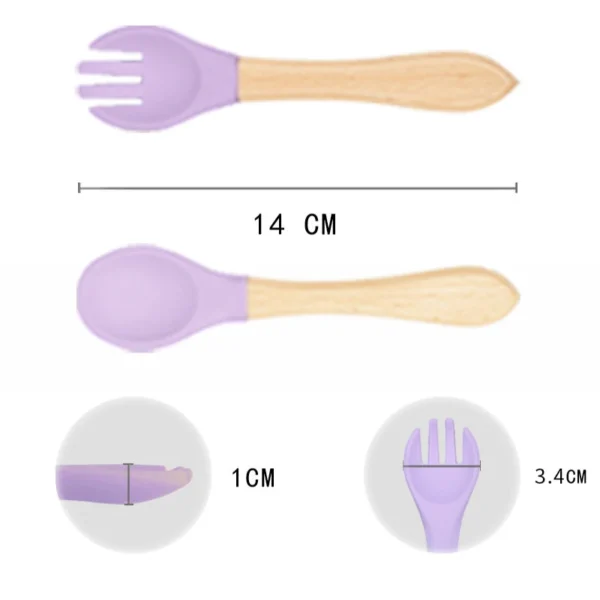 2Pcs Children's Wooden Handle Silicone Fork Spoon Soft and Resistant To Falling Baby Feeding Spoon Set Auxiliary Food Fork Spoon - Image 4