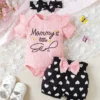 2pcs/Set Baby Girls' Cute Spring & Autumn Casual Round Neck Jumpsuit With Slogan Embroidery, Heart Print Shorts And Headband