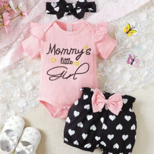 2pcs/Set Baby Girls' Cute Spring & Autumn Casual Round Neck Jumpsuit With Slogan Embroidery, Heart Print Shorts And Headband