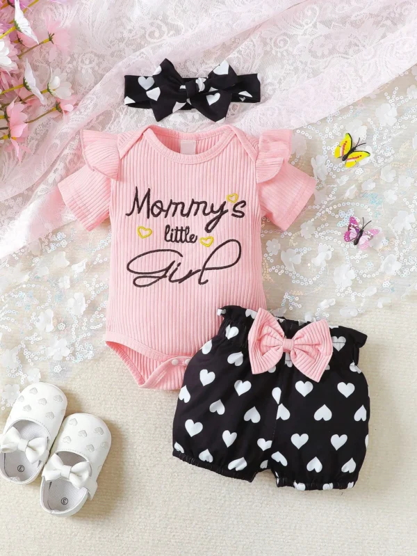 2pcs/Set Baby Girls' Cute Spring & Autumn Casual Round Neck Jumpsuit With Slogan Embroidery, Heart Print Shorts And Headband