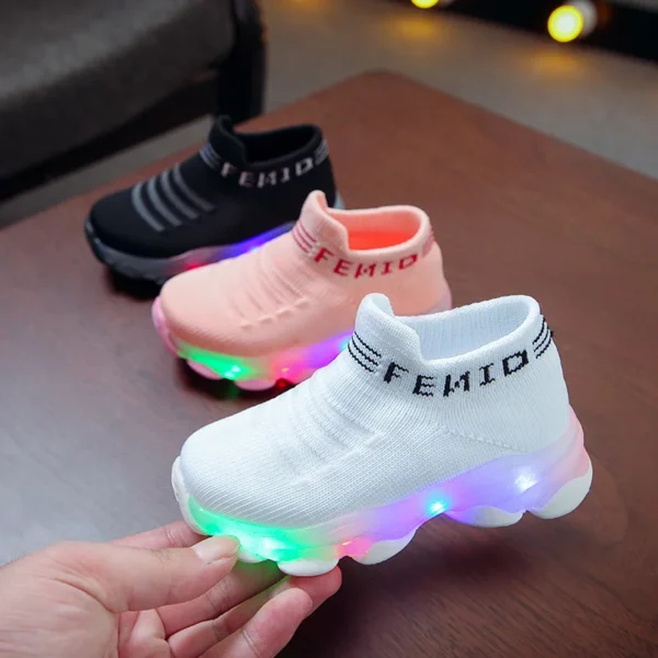 Kids Sneakers Children Baby Girls Boys Letter Mesh Led Luminous Socks Sport Run Sneakers Shoes Sapato Infantil Light Up Shoes - Image 2