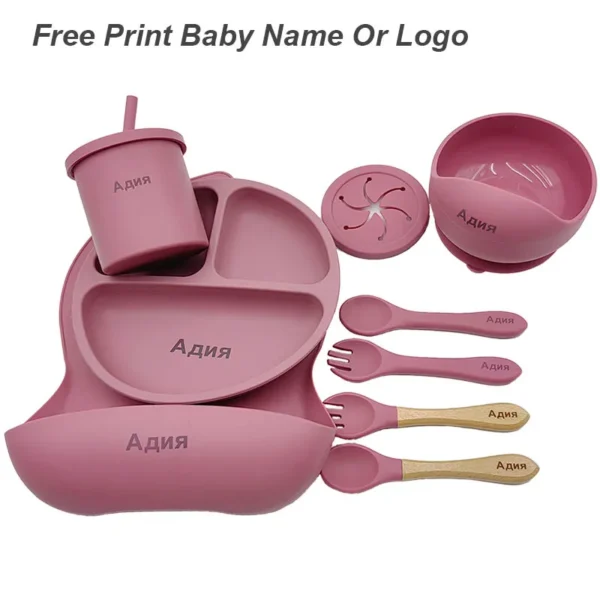 11Pcs Silicone Feeding Sets For Baby Personalized Name Children's Tableware Suction Cup Plates Bowl Spoon Feeding Cups BPA Free - Image 6