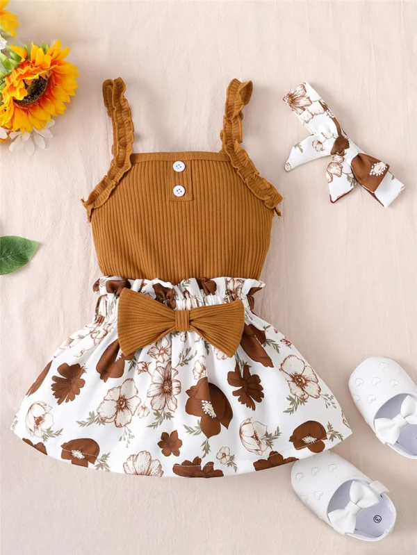 3PCS Clothes Set for Baby Girl 3-18 Months Sleeveless Solid Bodysuit+Floral Skirt+Headband Summer Infant Girl Casual Outfit Suit - Image 2