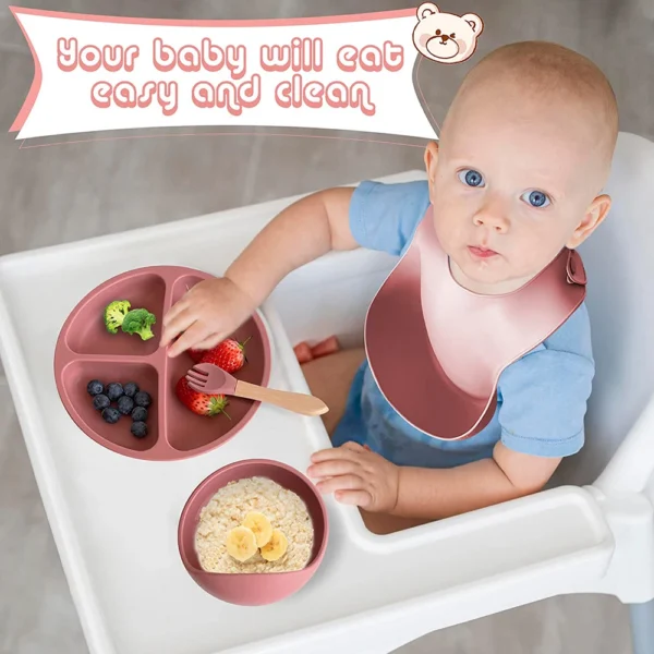 Children's Dishes Set Baby Silicone 5/8-piece Tableware Set Suction Cups Forks Spoons Bibs Straws Cups Mother and Baby Supplies - Image 6