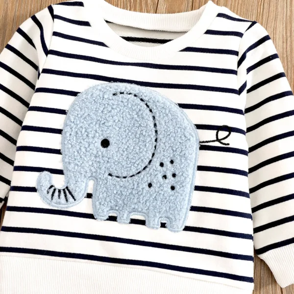 0-24 Months Spring Autumn New Boy Girl And Toddler Elephant Stripe Top Casual Cute Print Jeans Set - Image 4