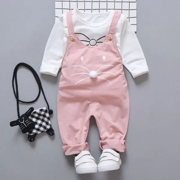 Spring Autumn Baby Girls Set Round Neck Cartoon Printing Long Sleeve T-shirt + Solid Color Print Strap Pants Two Piece Suit - Image 3