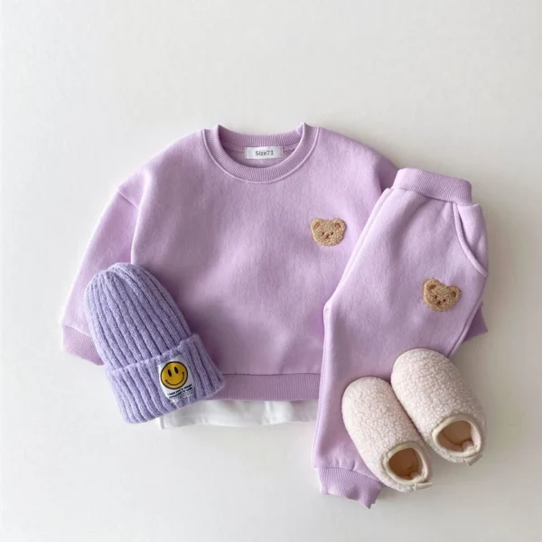 Korean Baby Boys Winter Clothes Sets Warm Bear Velvet Pullover Sweatshirt Tops+Harem Pants Suits 2pcs Girls Fleece Lined Clothes - Image 2