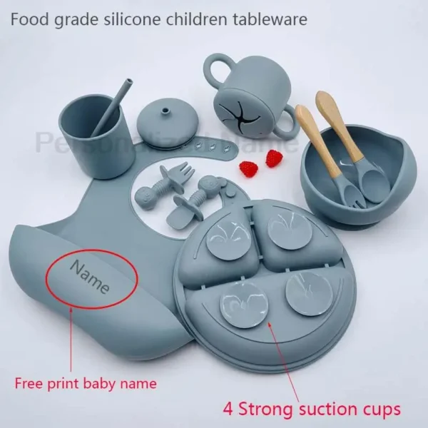 9Pcs Baby Silicone Feeding Sets Suction Cup Bowl Dishes Kids Spoon Fork Feeding Snack Cup Personalized Name Baby's Tableware - Image 3