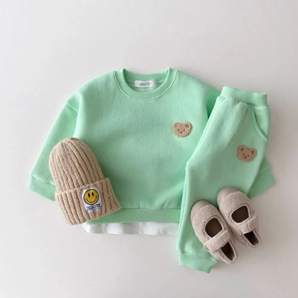 Korean Baby Boys Winter Clothes Sets Warm Bear Velvet Pullover Sweatshirt Tops+Harem Pants Suits 2pcs Girls Fleece Lined Clothes - Image 4