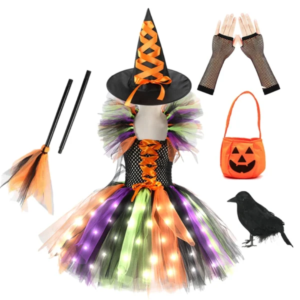 Halloween Cosplay Witch LED Luminous Costume for Baby Girl Children Carnival Party Gown Kids Witch Lights Up Dress Clothing Set - Image 6