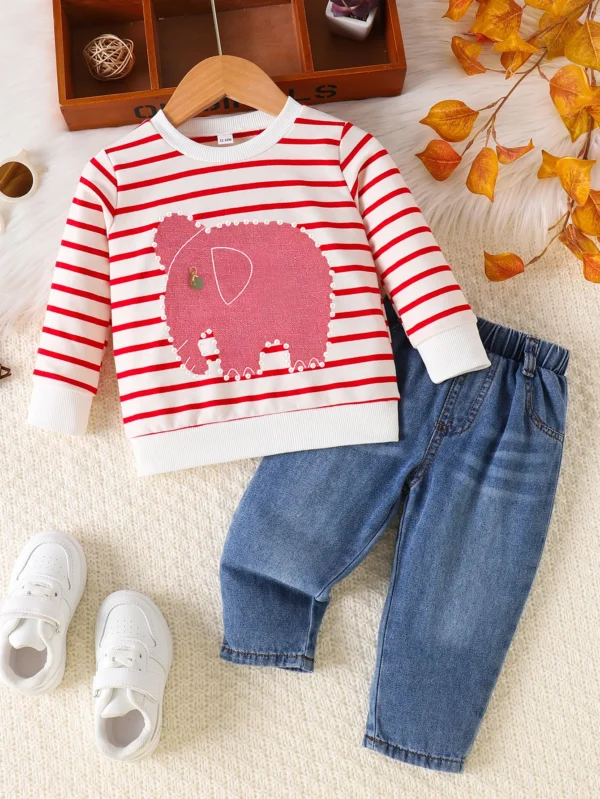 0-24 Months Spring Autumn New Boy Girl And Toddler Elephant Stripe Top Casual Cute Print Jeans Set - Image 2