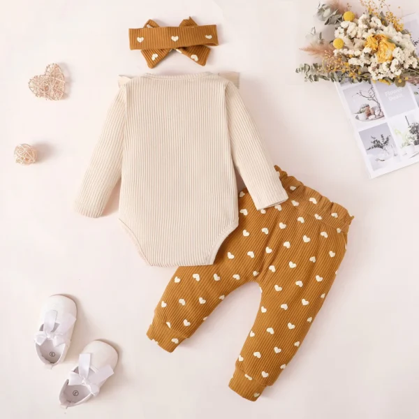 Toddler Newborn Baby Girl Clothes Set Long Sleeve Knitting Top Bodysuit Printed Love Heart Pants Headband Outfit - Image 2