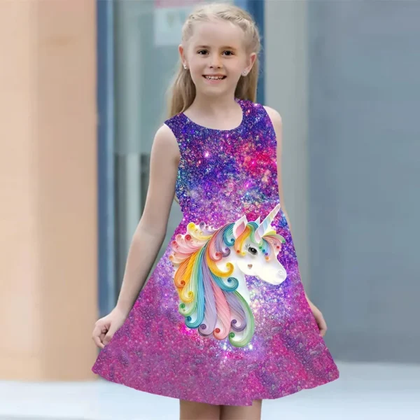 Summer Dress For Young Girls 2024 Kids Clothes Casual Sleeveless 3D Print Children Princess Unicorn Girl Dress From 2 to 7 Years - Image 3