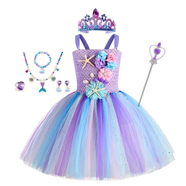 Girls Mermaid Tutu Dress Under the Sea Theme Birthday Party Carnival Costumes with Flower Headband Ocean Halloween Dresses 1-12Y - Image 3