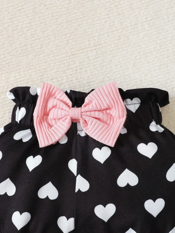 2pcs/Set Baby Girls' Cute Spring & Autumn Casual Round Neck Jumpsuit With Slogan Embroidery, Heart Print Shorts And Headband - Image 4
