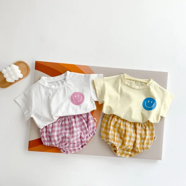 Girls Boys Cotton Smile Face Short Sleeve T-shirt + Plaid Shorts Two-pieces Suit Summer Baby Clothes Set - Image 6