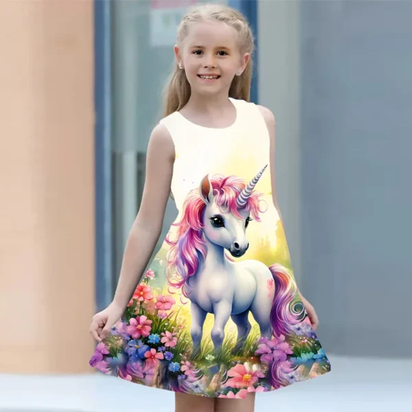 Summer Dress For Young Girls 2024 Kids Clothes Casual Sleeveless 3D Print Children Princess Unicorn Girl Dress From 2 to 7 Years - Image 2