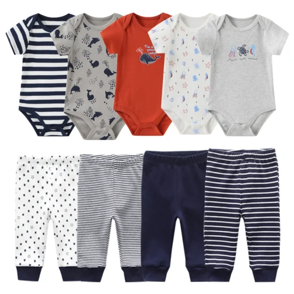 Unisex 6/9/10Pieces Cotton New Born Bodysuits+Pants Baby Girl Clothes Sets Cartoon Print Short Sleeve Baby Boy Clothes Bebes - Image 2
