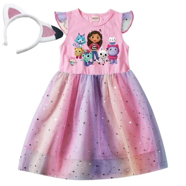 Girl Dress Children's Cartoon Mesh Star Princess Dress Kids Flying Sleeve Skirt + headwear 2pcs - Image 2