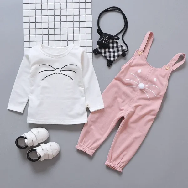 Spring Autumn Baby Girls Set Round Neck Cartoon Printing Long Sleeve T-shirt + Solid Color Print Strap Pants Two Piece Suit - Image 4