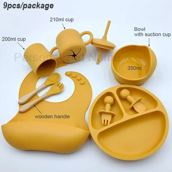 9Pcs Baby Silicone Feeding Sets Suction Cup Bowl Dishes Kids Spoon Fork Feeding Snack Cup Personalized Name Baby's Tableware - Image 2