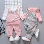 Spring Autumn Baby Girls Set Round Neck Cartoon Printing Long Sleeve T-shirt + Solid Color Print Strap Pants Two Piece Suit