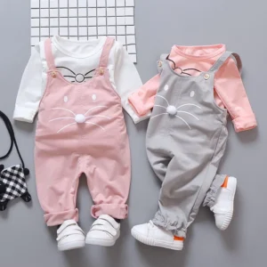 Spring Autumn Baby Girls Set Round Neck Cartoon Printing Long Sleeve T-shirt + Solid Color Print Strap Pants Two Piece Suit