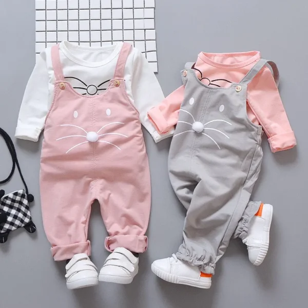 Spring Autumn Baby Girls Set Round Neck Cartoon Printing Long Sleeve T-shirt + Solid Color Print Strap Pants Two Piece Suit