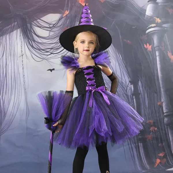 Purple Witch Costume Girls Disguise Halloween Cosplay Purim Carnival Party Christmas Toddler Kids Princess Dress Prom Gown Dress - Image 5
